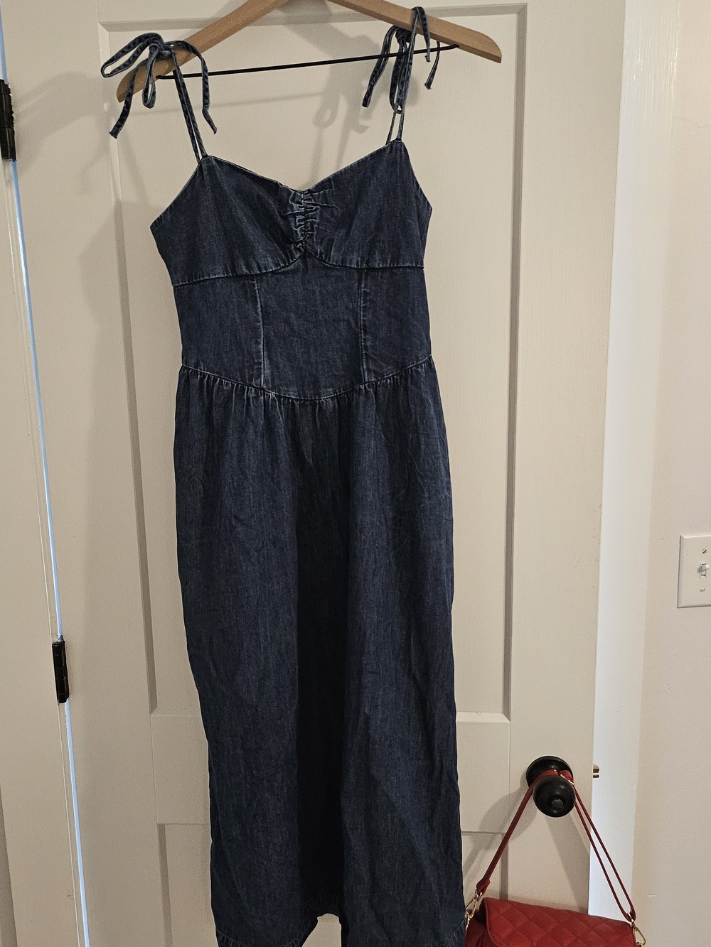 American Eagle Outfitters Dark Blue Denim Midi Dress with Tie Straps